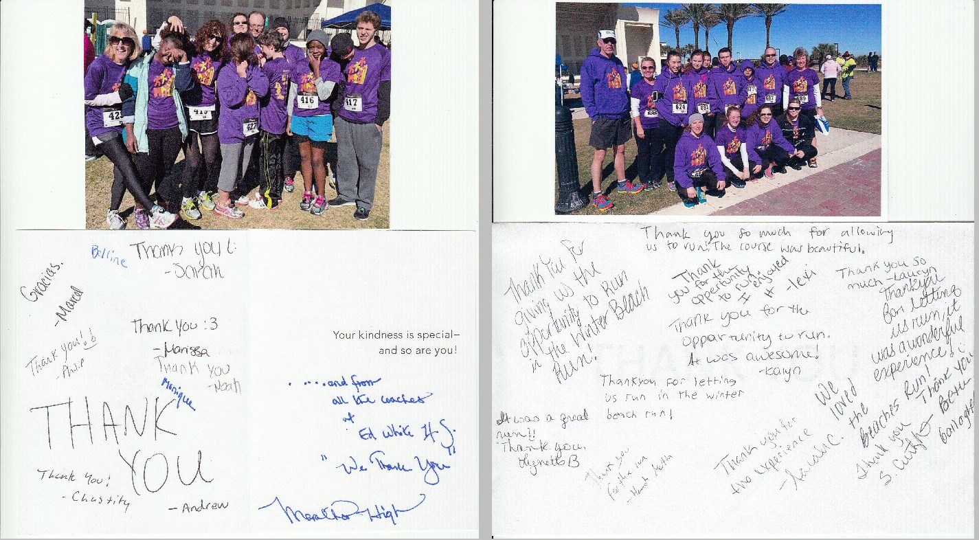 Thank You Cards from Marathon High Teams at the John TenBroeck Memorial Winter Beach Run